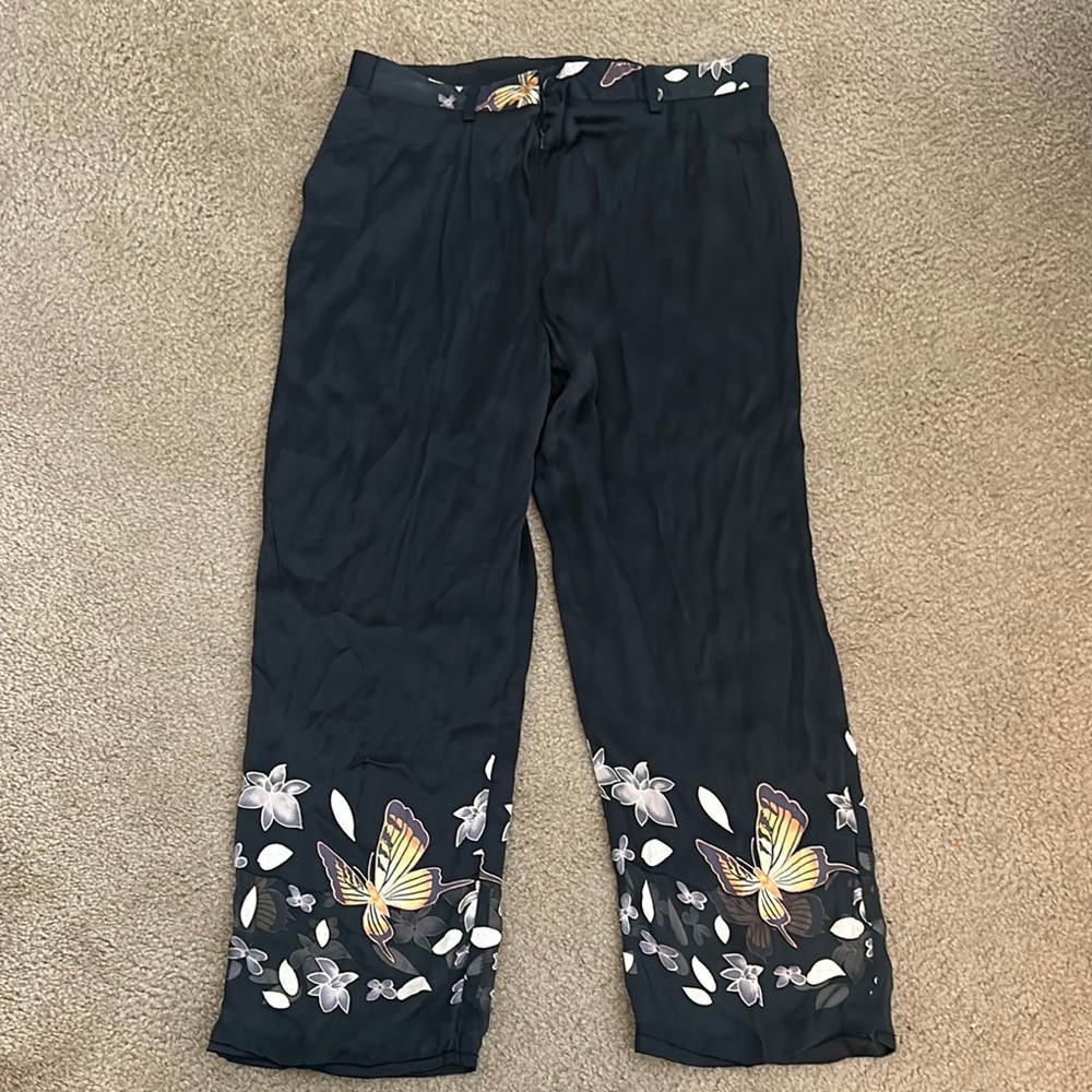 Silk Floral Butterfly Black Pants